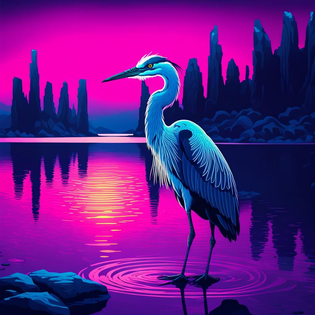 Mystical Heron in Ancient Lake with Synthwave Neon