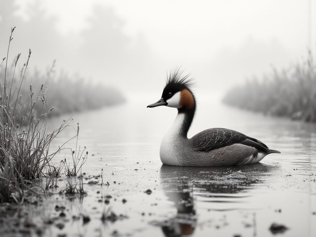 Great Crested Grebe in Frozen Pond, Monochromatic