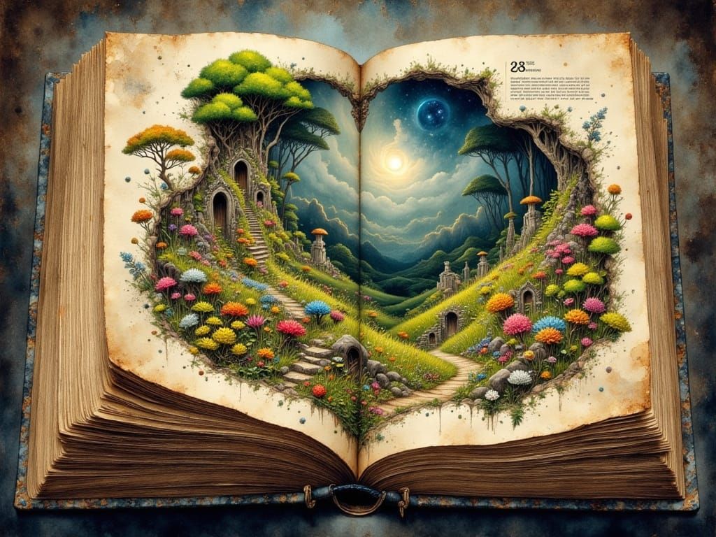 Fantastical Landscape Unveiled in Open Book Illustration