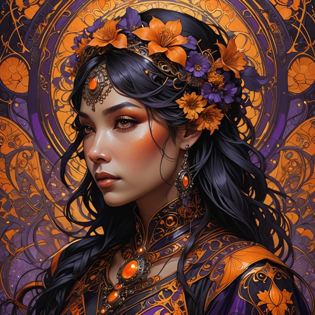Fantasy Woman in Black and Orange Attire