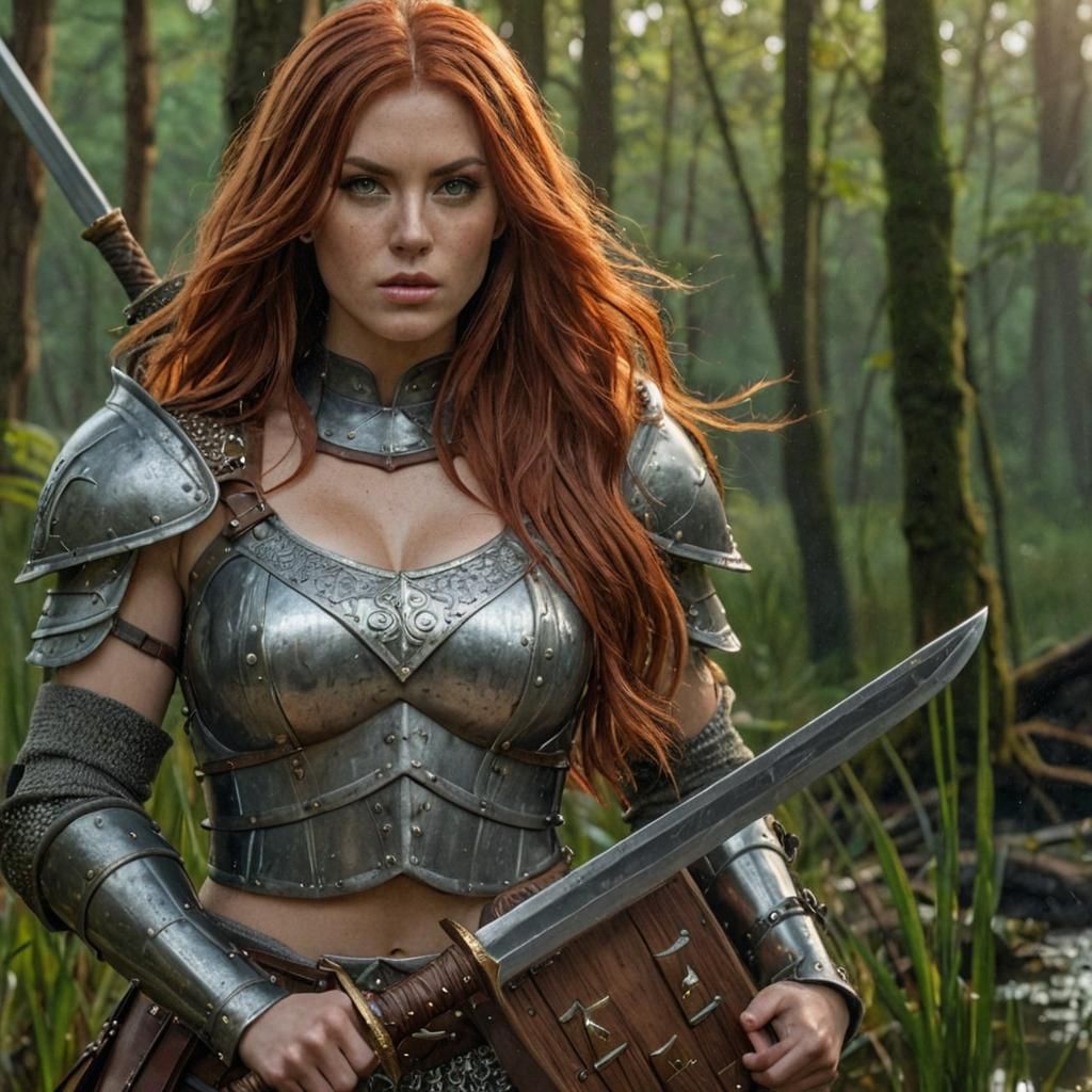 25 year old woman warrior, thick luxurious red hair, chainma...