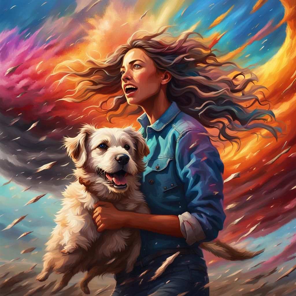 Woman and Dog in Tornado: Hyperrealistic Splash Art
