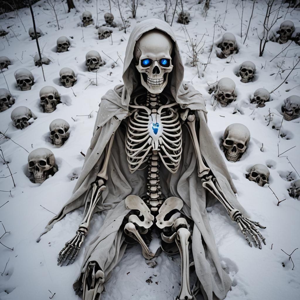 Skeletons Praying in Snow with Glowing Eyes