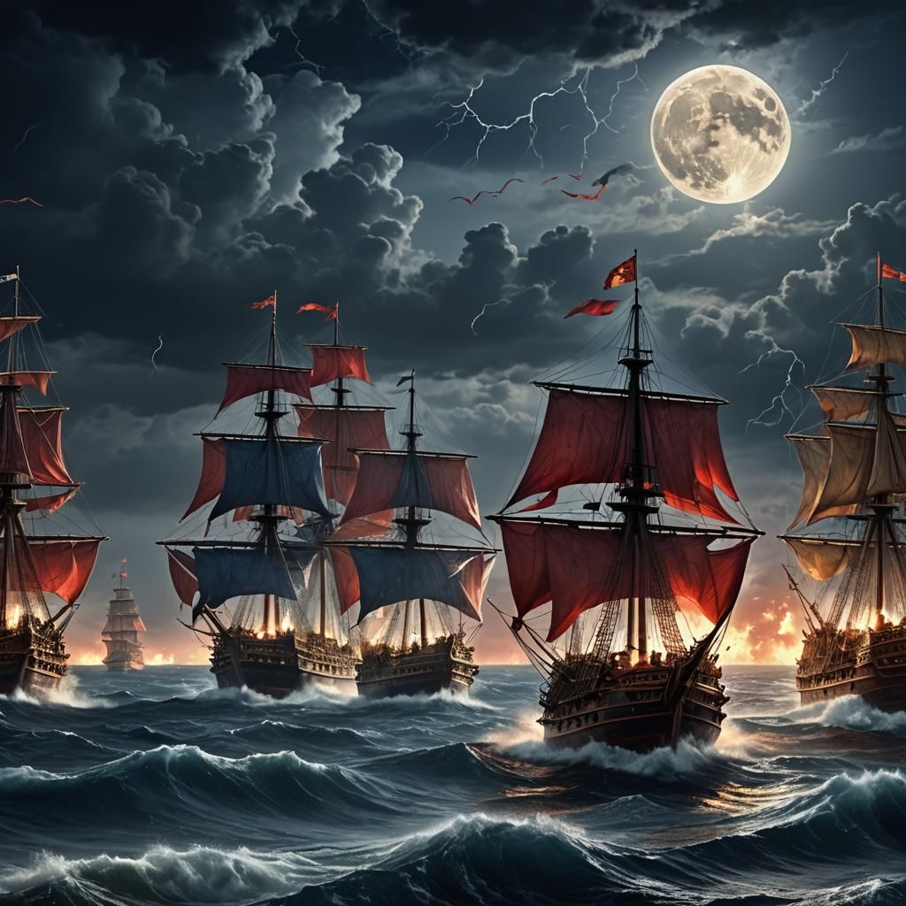 Medieval Warships Battle on a Stormy Night