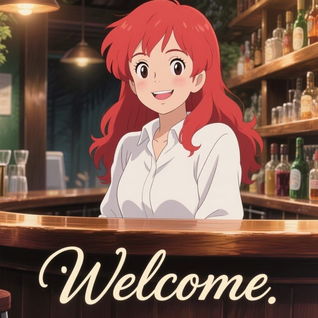 Anime Bartender Smiling Behind Bar in Comic Style