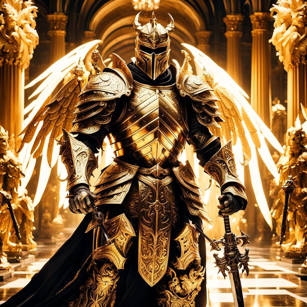 Golden Knight with Wings in Grand Hallway