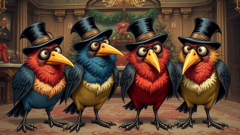 Surreal Victorian Christmas Scene with Tipsy Birds