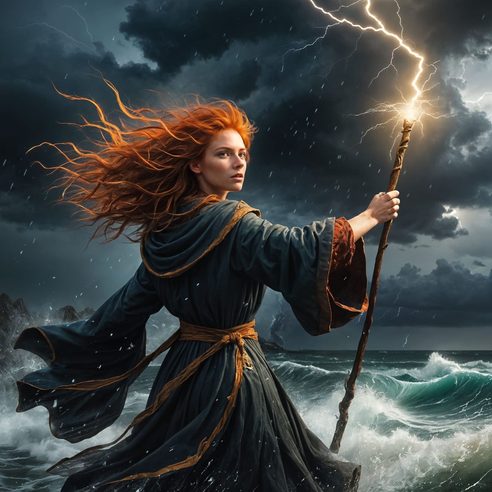 Mystic Redhead Transfixed by Stormy Lightning Bolt