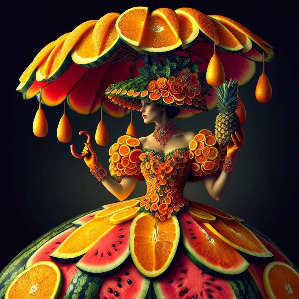 Woman in Fruit Gown: Symbolist Style Concept Art