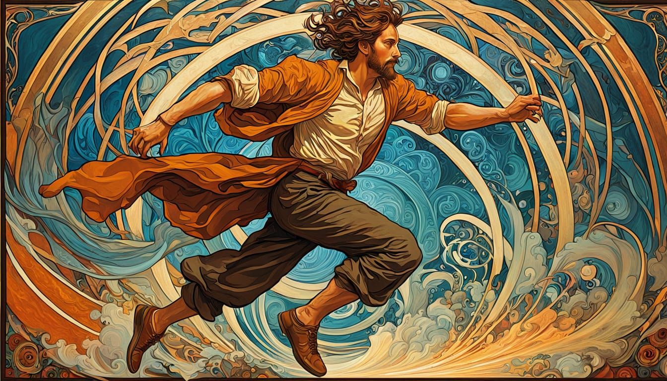 Metaphysical Man Ascends Path of Light in Art Nouveau Style