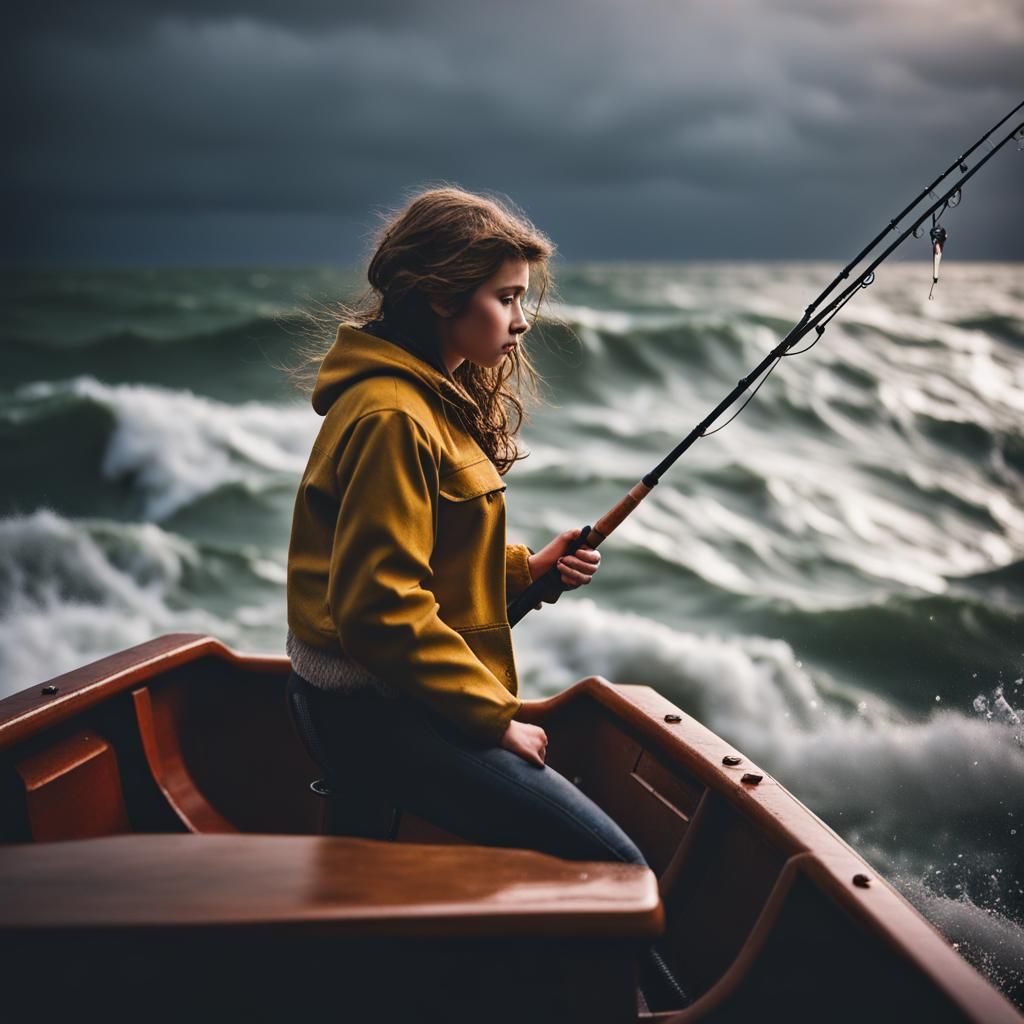 Girl Fishing in Stormy Sea, Professional Photography
