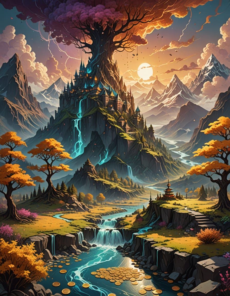 Surreal Landscape: Mountains of Coins, Rivers of Gold