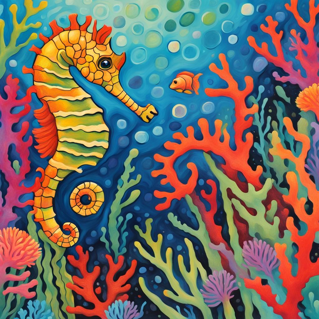 Seahorse Swimming Near Coral Reef in Naive Art Style