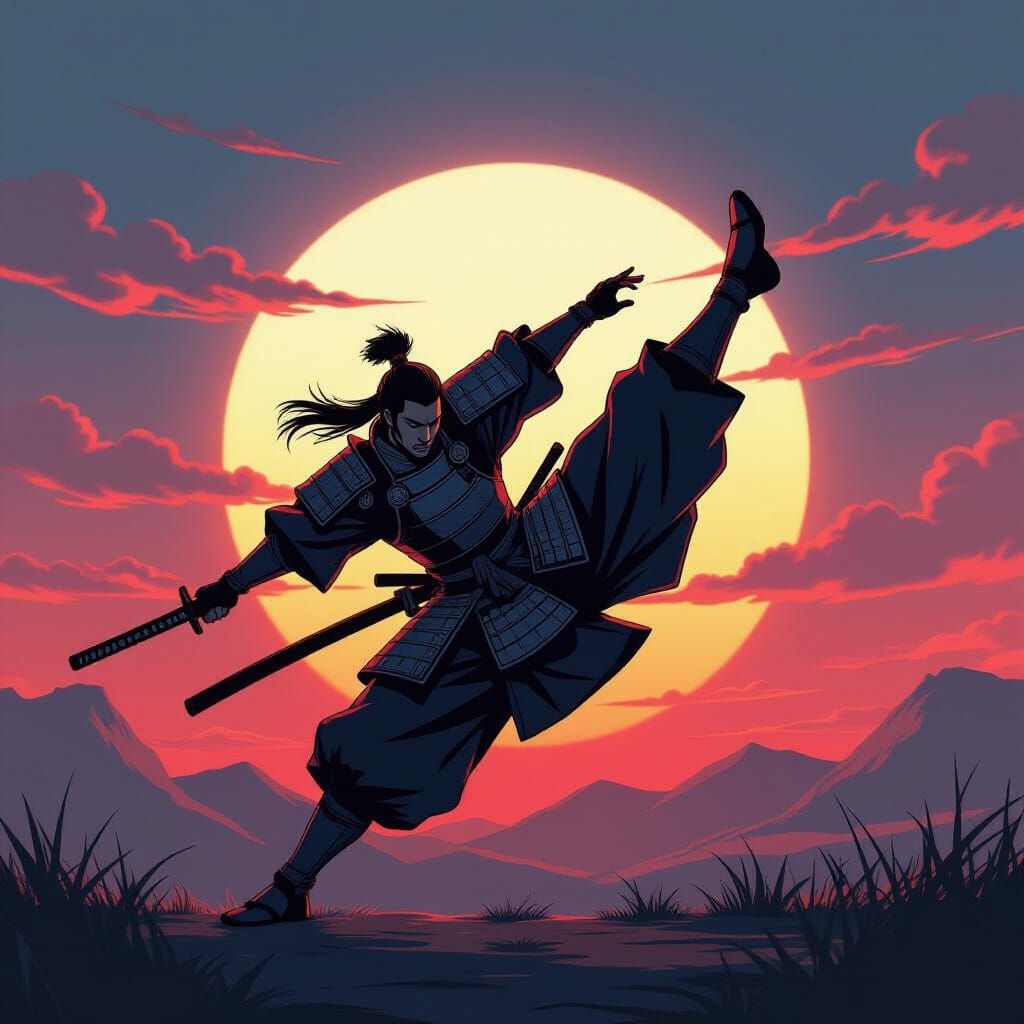Samurai Warrior Backflip at Dawn in Anime Style