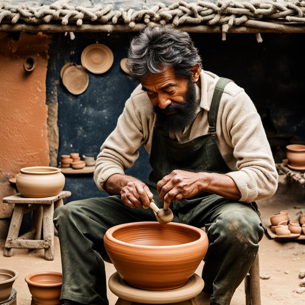 Hairy Potter Creates Clay Pot on Wheel