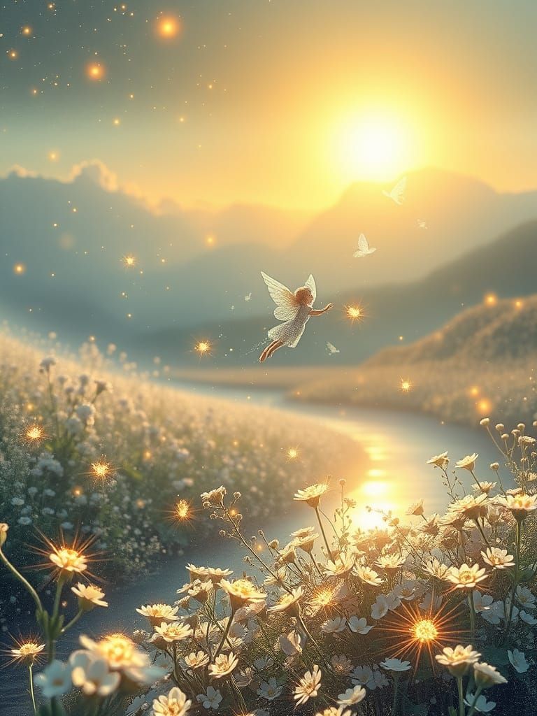 Surreal Pastel Landscape with Glowing Waves and Thumbelina