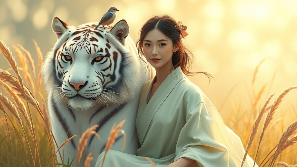 Asian Woman and White Tiger in Serene Harmony