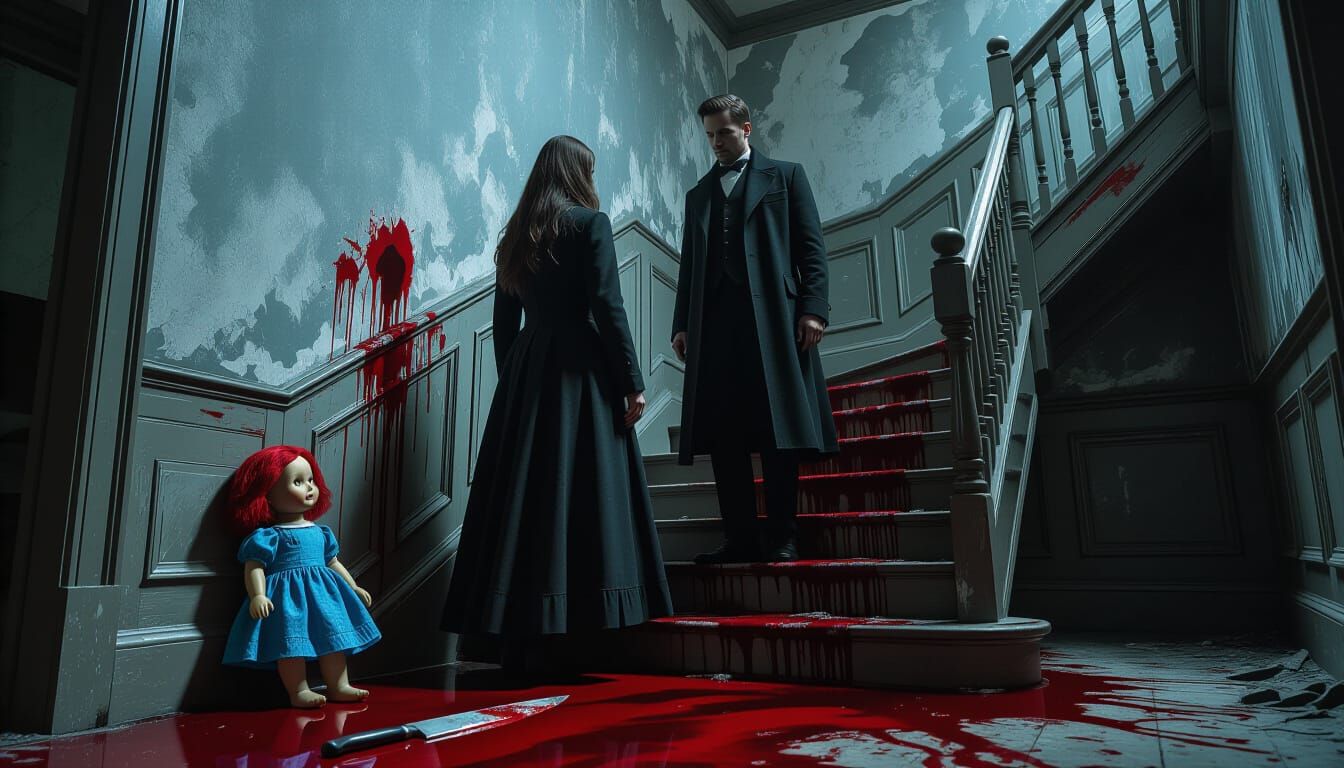 Chilling Staircase Scene in Surreal Horror Style