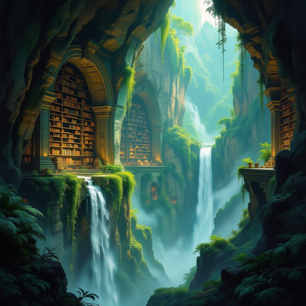 Ancient Cliffside Library with Bioluminescent Flora