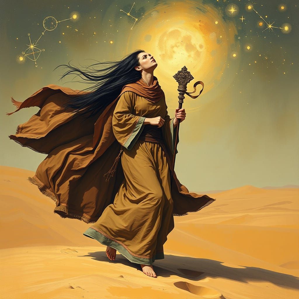 Prophetess in the Desert Under Starry Skies