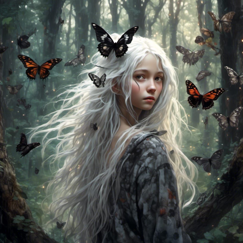 Girl Forages in Dark Forest with Butterflies