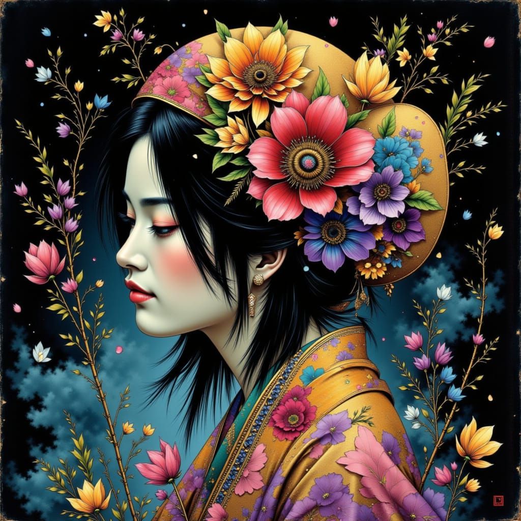 Ethereal Amina Portrait in Calligraphy and Watercolor