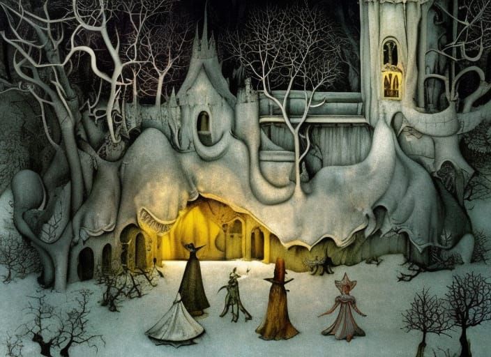 Surreal Fairytale Castle in Snowy Winter Forest