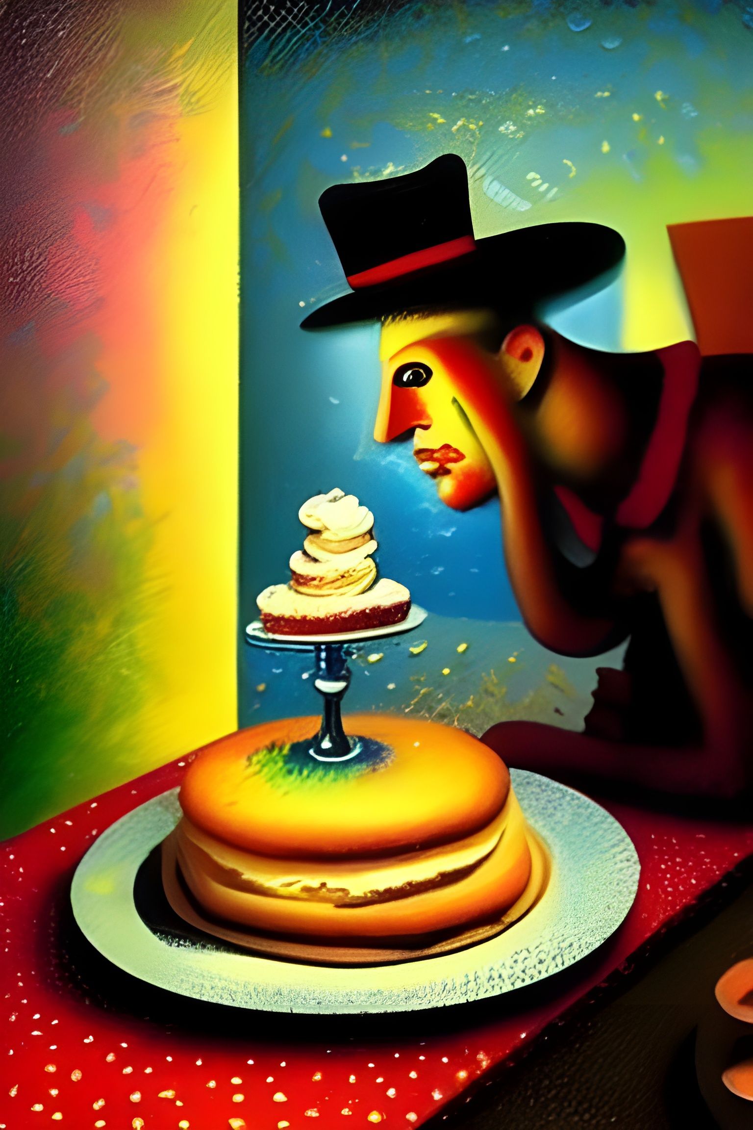 eating 🍰🎂🥞, a masterpiece by Thomas Kinkade, Pablo Picasso::0.3, Otto Dix::0.8, expressionism detailed painting kinet...