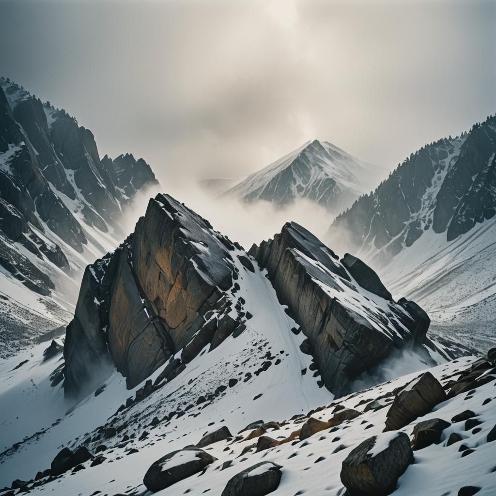 Boulder Shatters on Snowy Mountain: Cinematic Landscape
