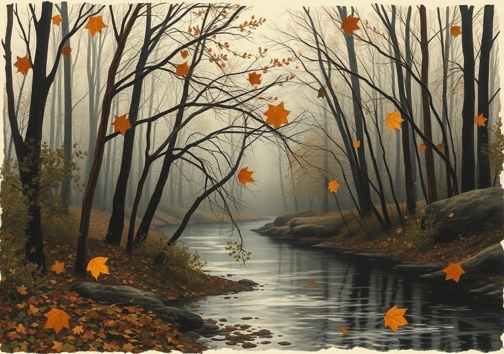 Autumnal Forest River in Paper Collage Style