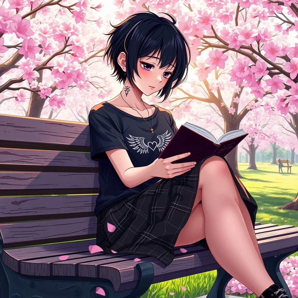 Moody Anime Girl in Springtime Sakura Garden