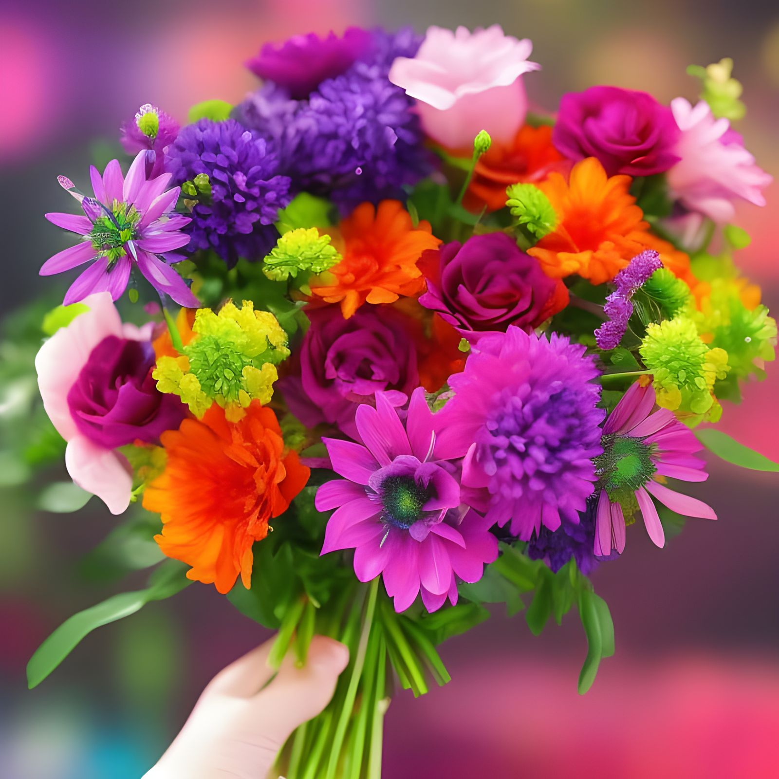 Girl Holding Rainbow Bouquet: 3D Digital Art