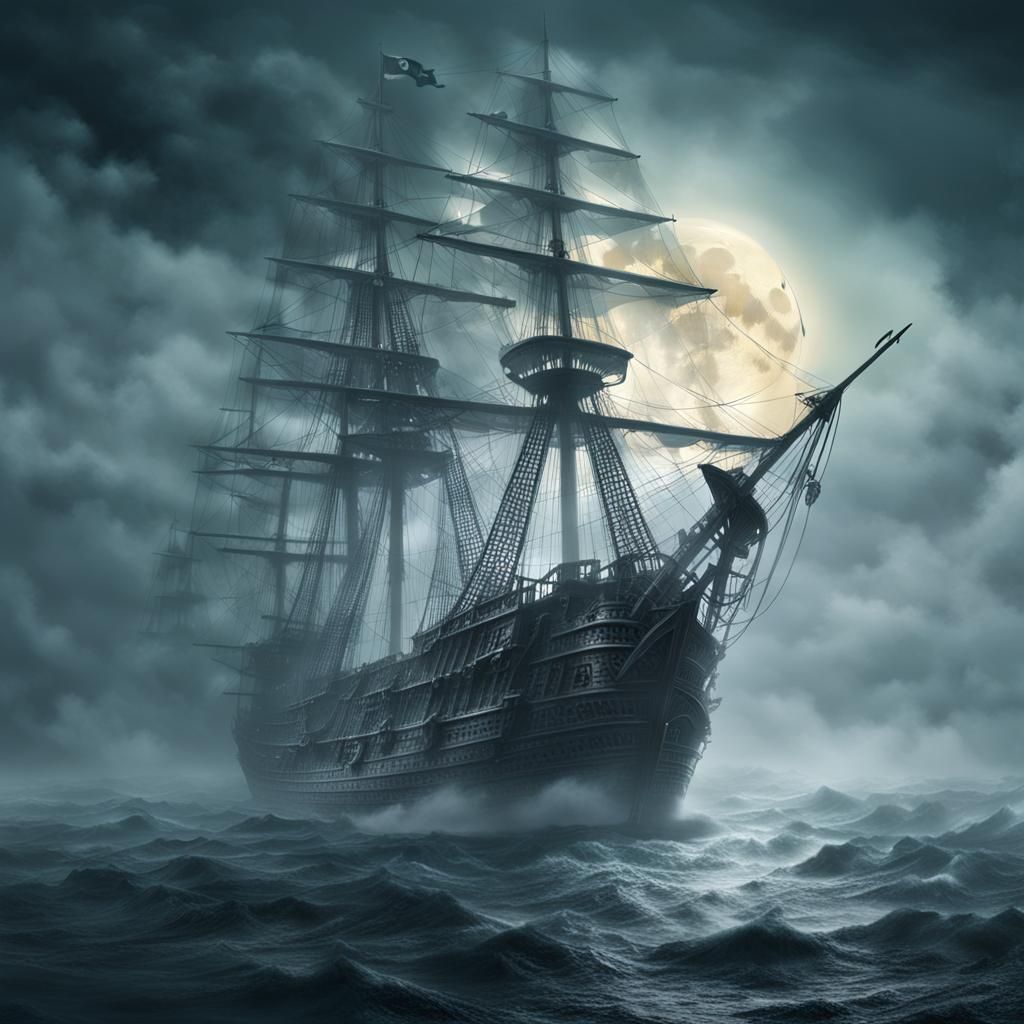 Ghostly Pirate Ship Emerging From Fog