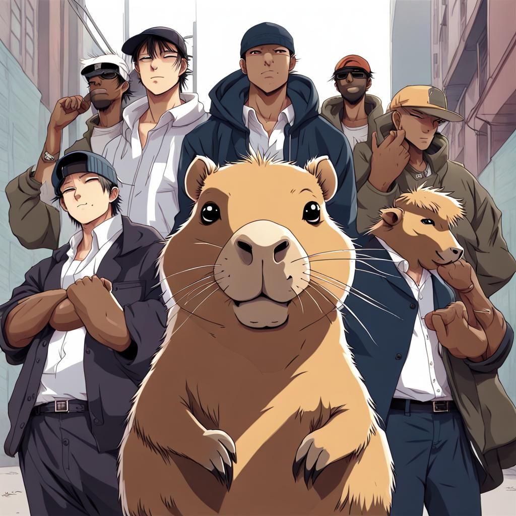 Gangsta Capybara and Homies in Anime Style