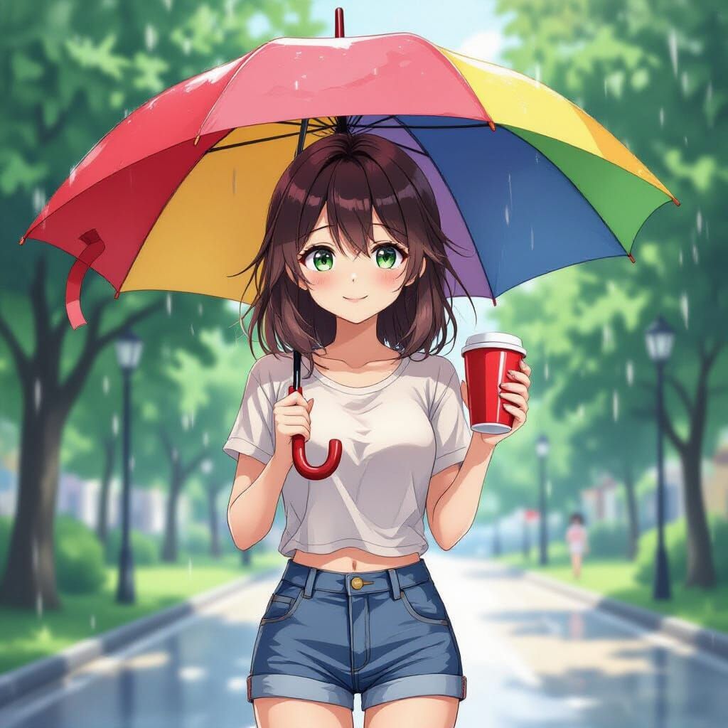 Anime Woman with Coffee in Rainy Park, Cel-Shaded Style