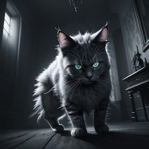 Fierce Spiky Cat Confronts Ethereal Ghost in Darkened Room
