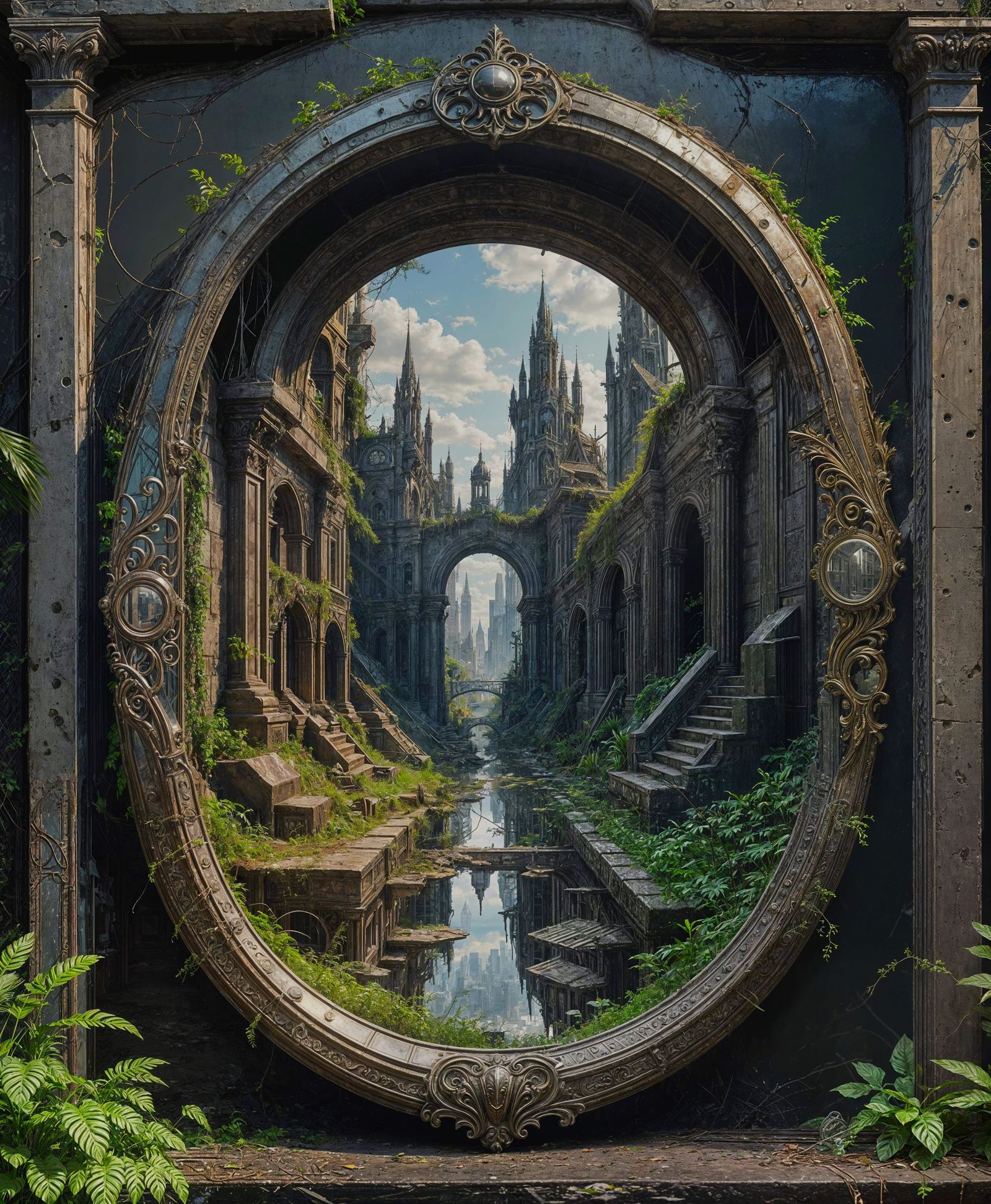 Ornate Mirror Rift: Vintage Ruin Reflects Futuristic City