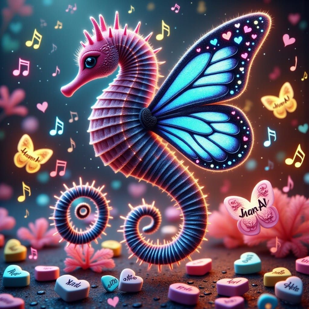 Vibrant Coral Seahorse with Iridescent Butterfly Wings in Hy...