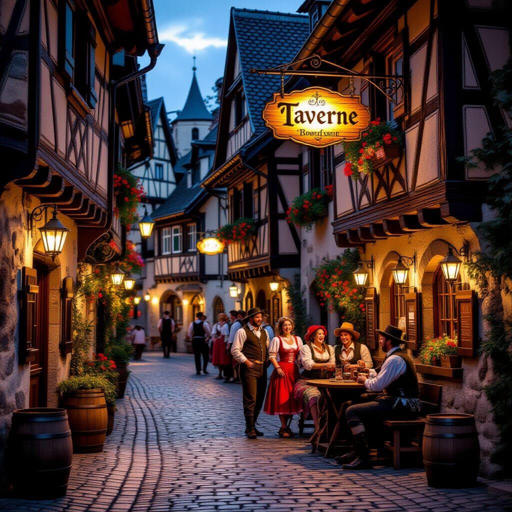 Medieval Tavern with Oktoberfest Revelers