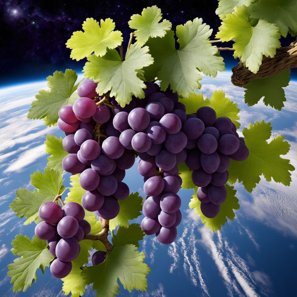 Space Vineyard in Orbit with Lush Grape Clusters