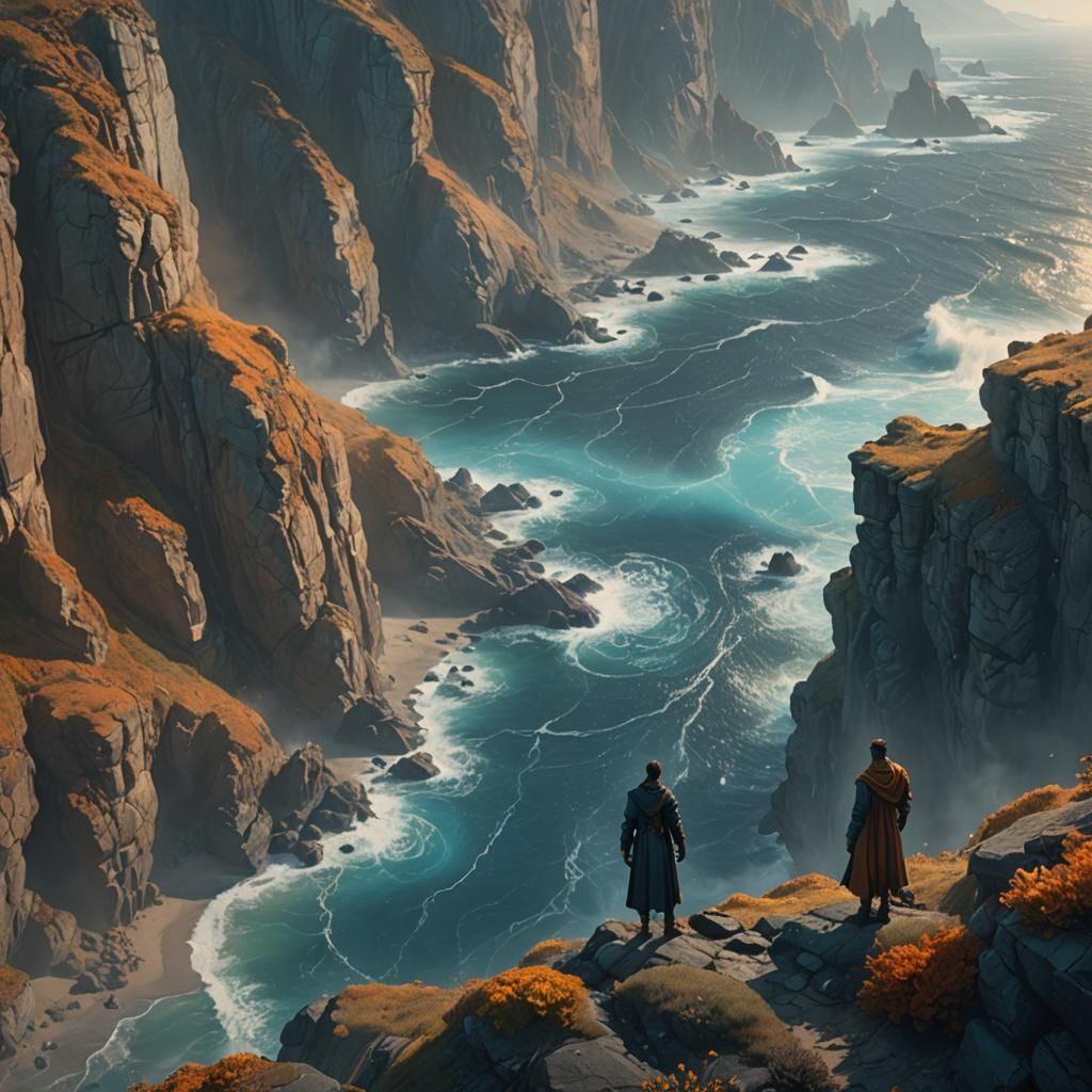 Windswept Cliffside Figure in Fantasy Landscape