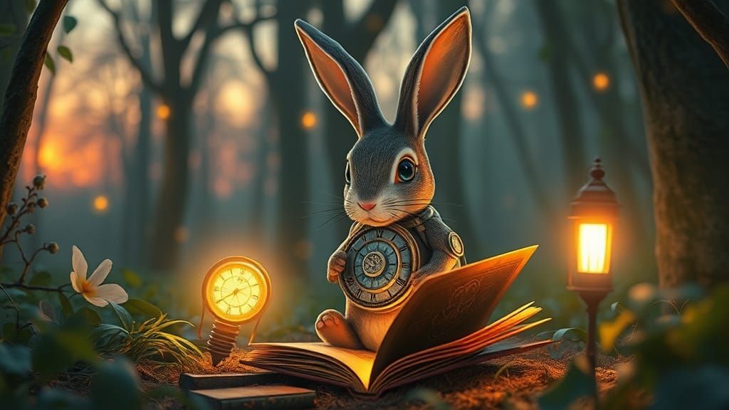 Steampunk Clockwork Rabbit in Mystical Twilight Forest