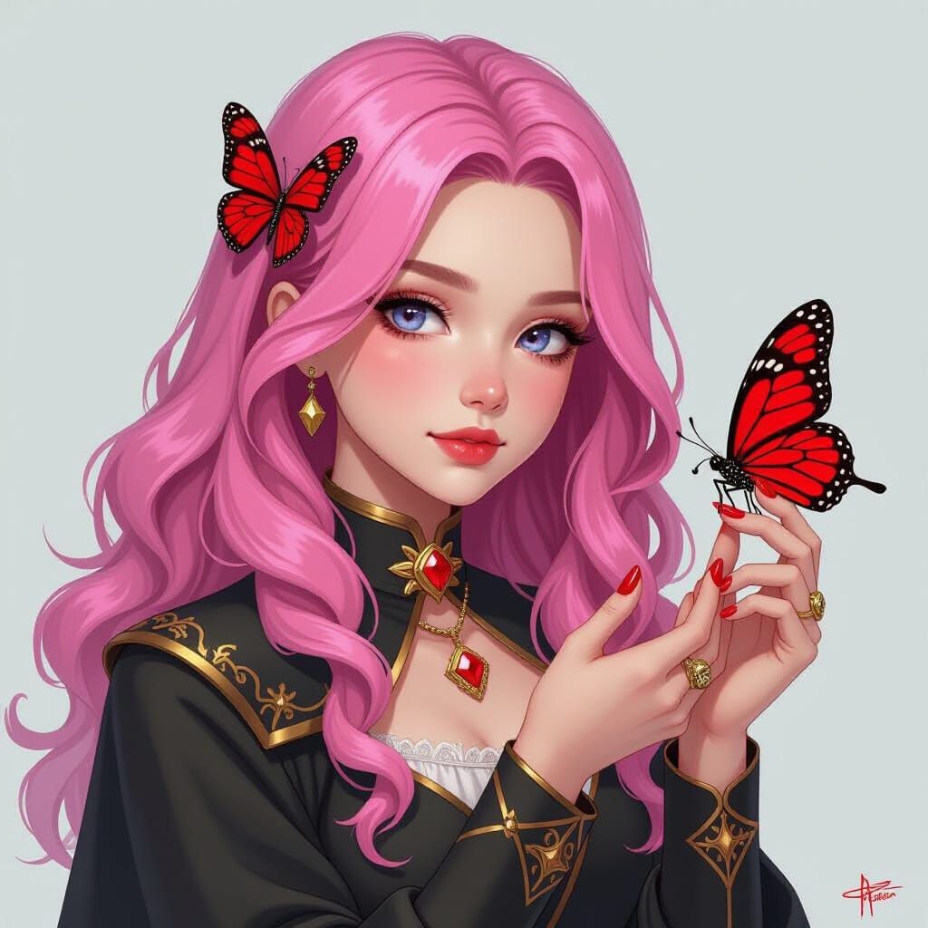 Fantasy Girl With Pink Diamond Hair Holds Red Butterfly