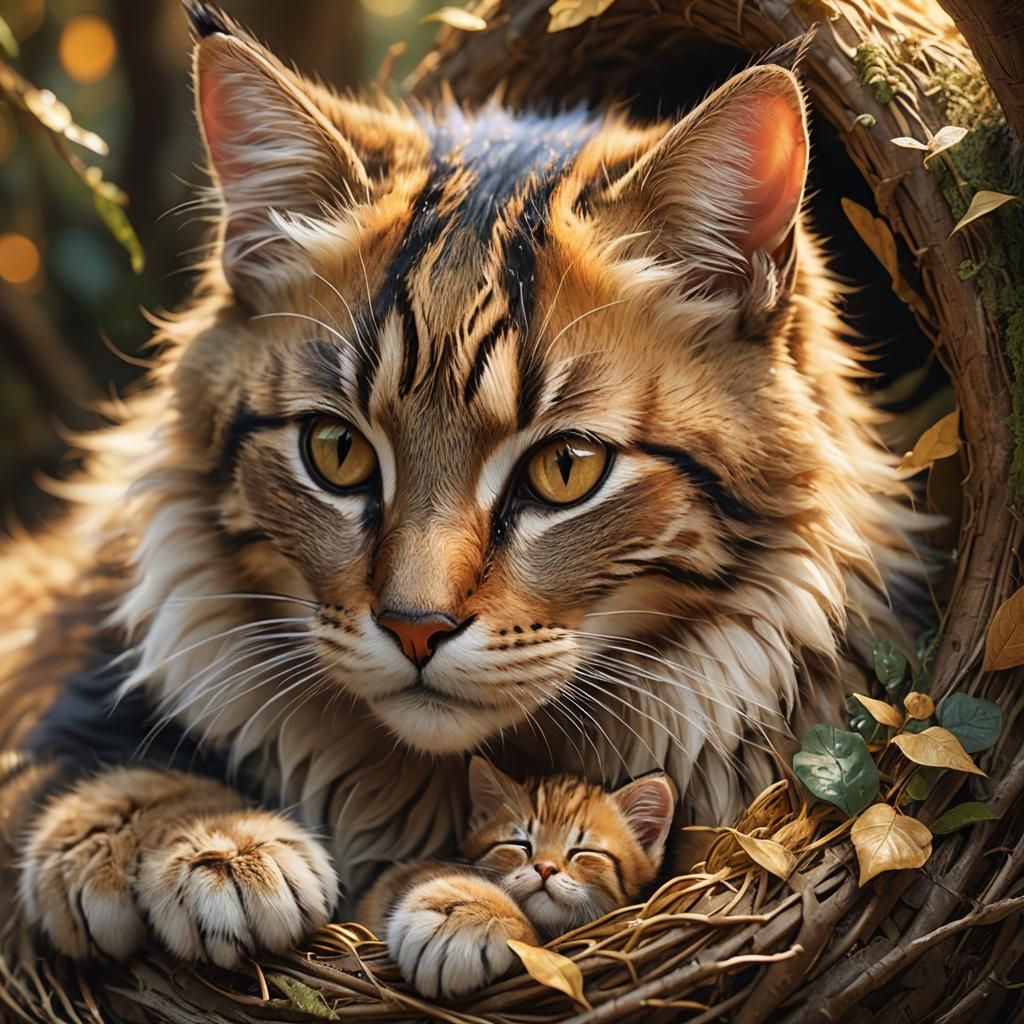 Mother Cat Kissing Kitten in Whimsical Forest