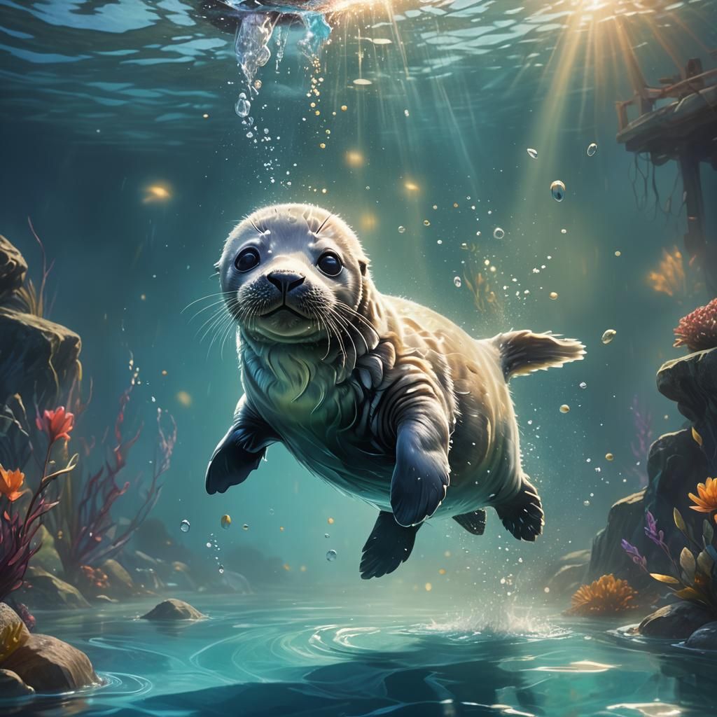 Adorable Baby Seal Diving, Whimsical Oil Painting