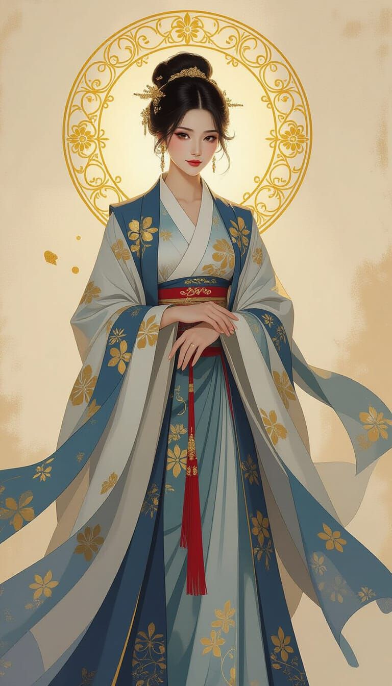 Asian Woman in Hanfu: Painterly Oil Portrait