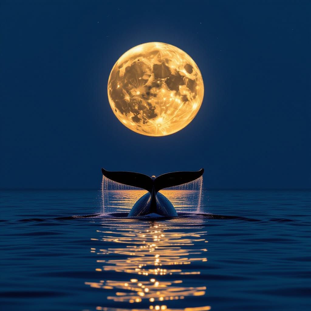 Golden Whale Emerges Under Moonlit Sky