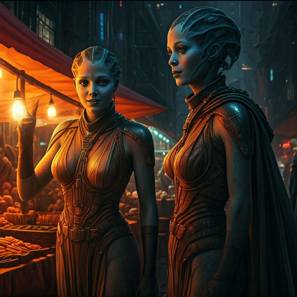 Smiling Alien Women at Night Market