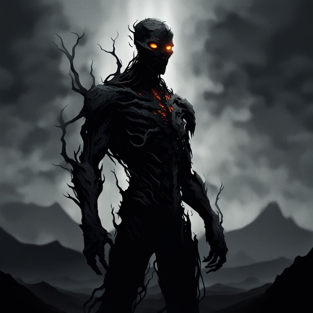 Towering Shadow Silhouette in Dark Fantasy Landscape