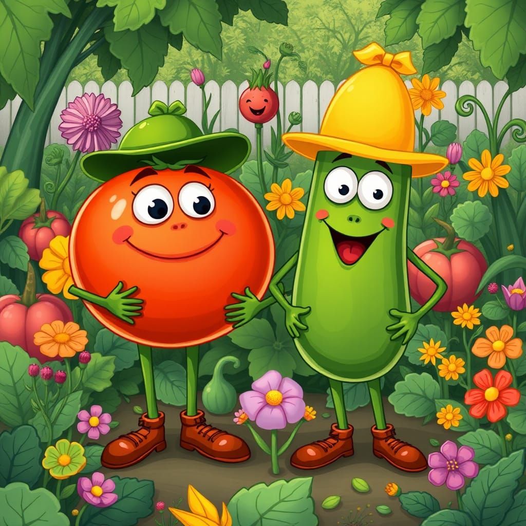 Vibrant Garden Scene in Whimsical Style